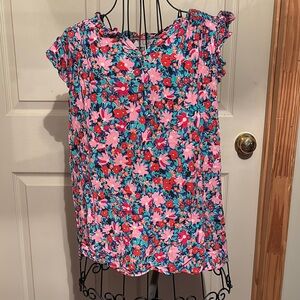 LOFT Pink and Blue Floral Cap Sleeve Blouse